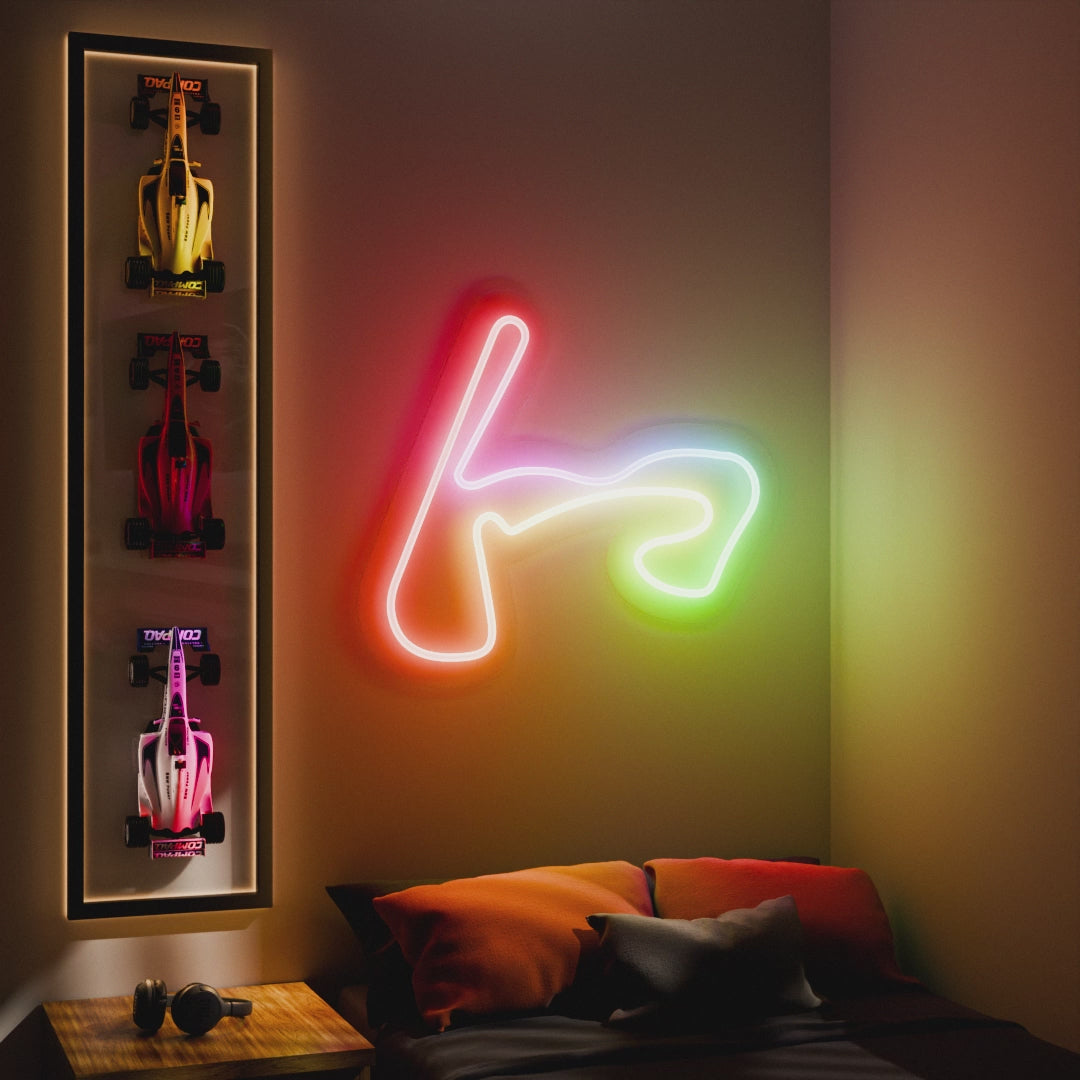 RGB Flow Dutch Grand Prix Circuit LED neon wall sign in red, yellow, and blue lights
