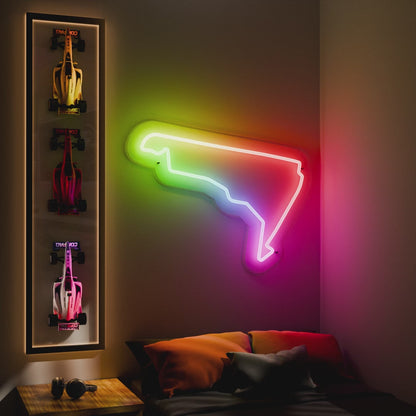 RGB Flow Hermanos Rodriguez Grand Prix Circuit LED neon wall sign in blue yellow and red