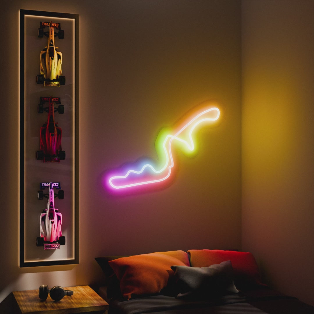 RGB Flow Japan Grand Prix Circuit LED neon wall sign in yellow, red, and blue