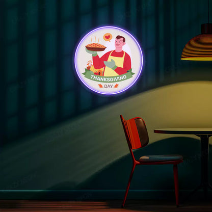 Thanksgiving chef with fresh baked pie neon sign in purple