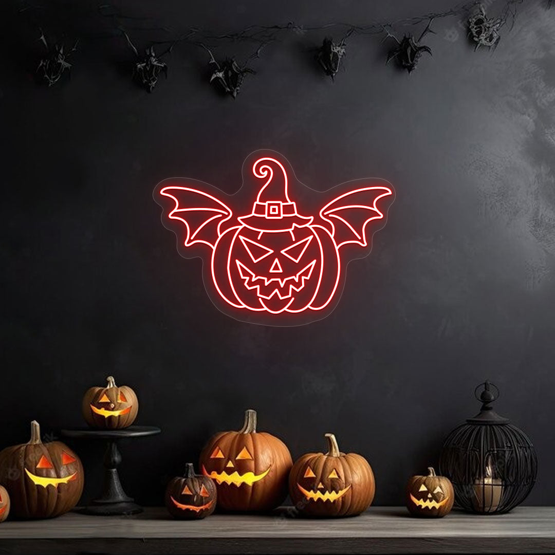 Scary Pumpkin Hat Wings Neon Sign