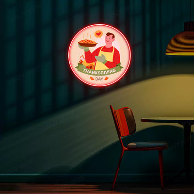 Thanksgiving chef with fresh baked pie neon sign in red