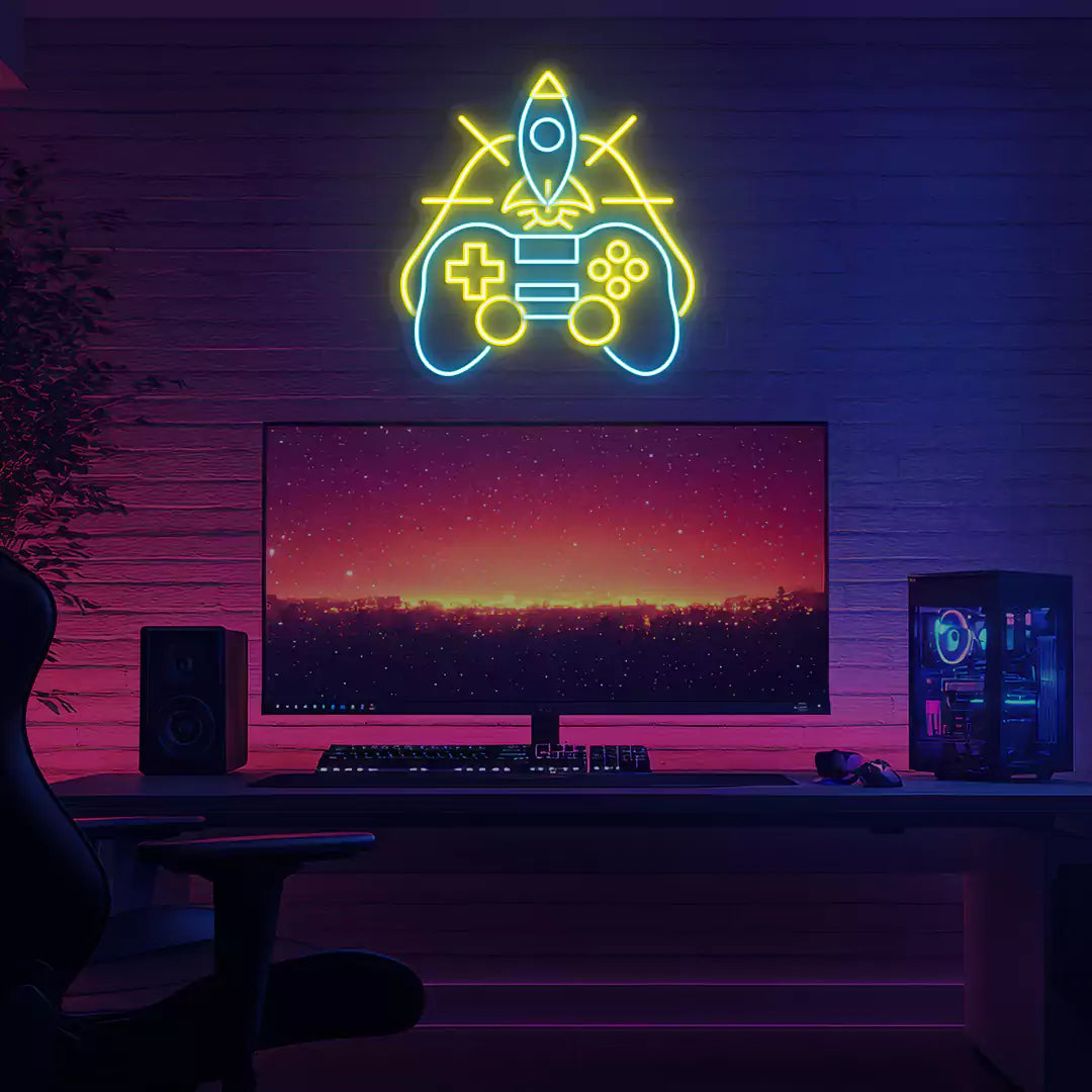 Rocket Gaming Controller Neon Sign in Ice Blue and Yellow Color mounted on a wall 