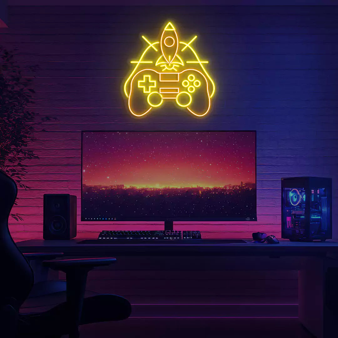 Rocket Gaming Controller Neon Sign in Orange and Yellow Color mounted on a wall 