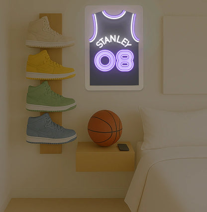 Sacramento basketball jersey neon sign with STANLEY 08 in purple and white, bedroom sneaker display and basketball decor
