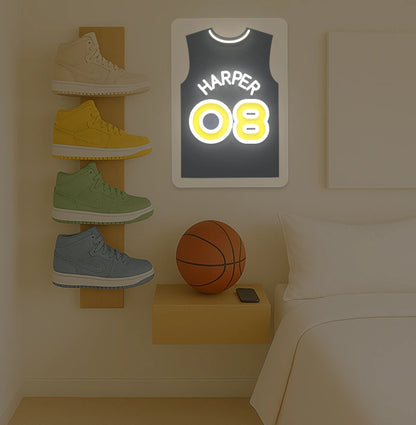 San Antonio basketball jersey neon sign wall decor with HARPER 08, bedroom sneaker display and basketball