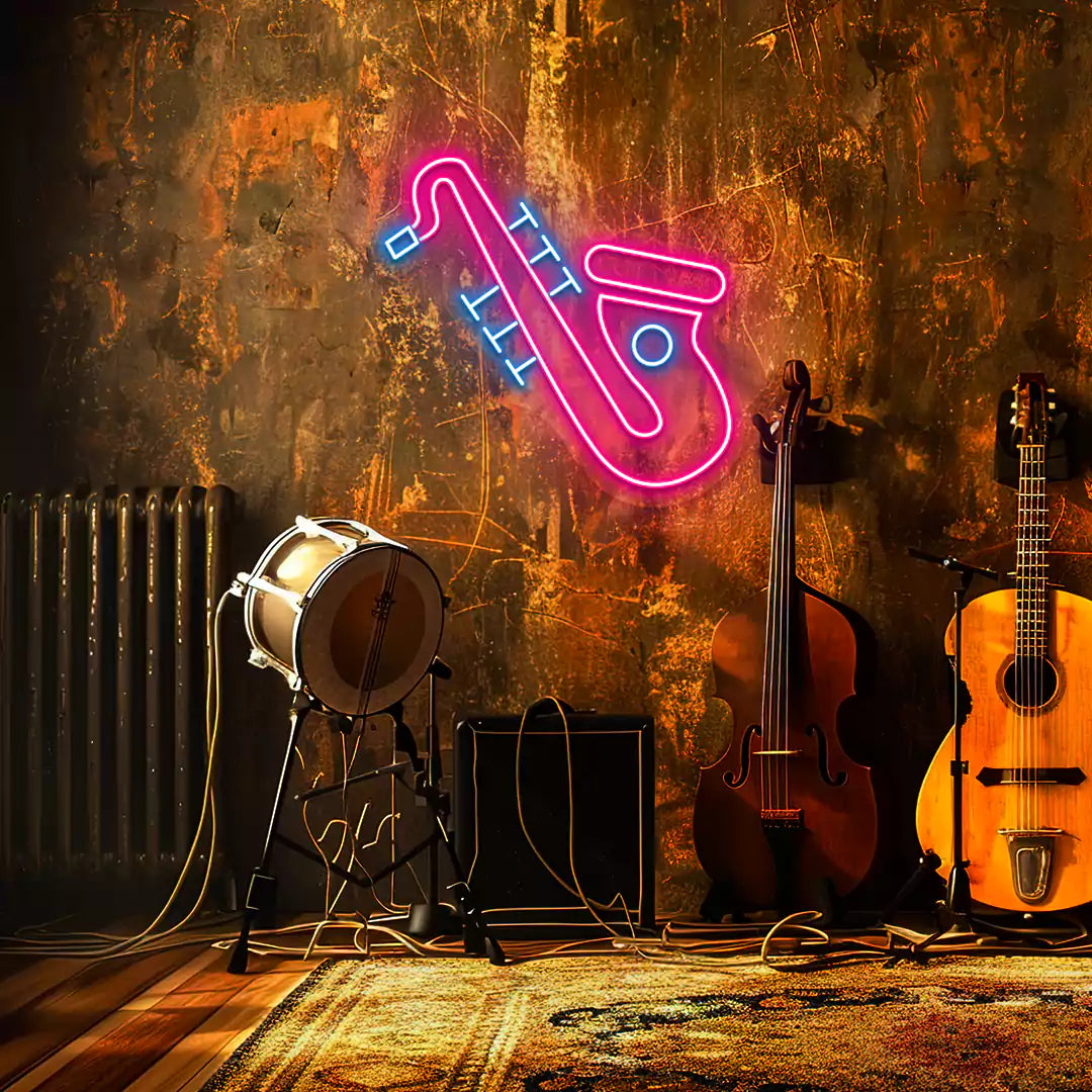 Jazz Saxophone Neon Sign in Pink and ice blue colour mounted on wall 