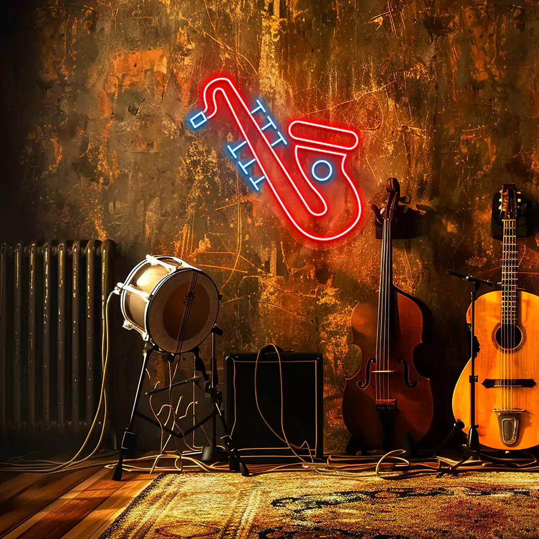 Jazz Saxophone Neon Sign in Red and ice blue colour mounted on wall 