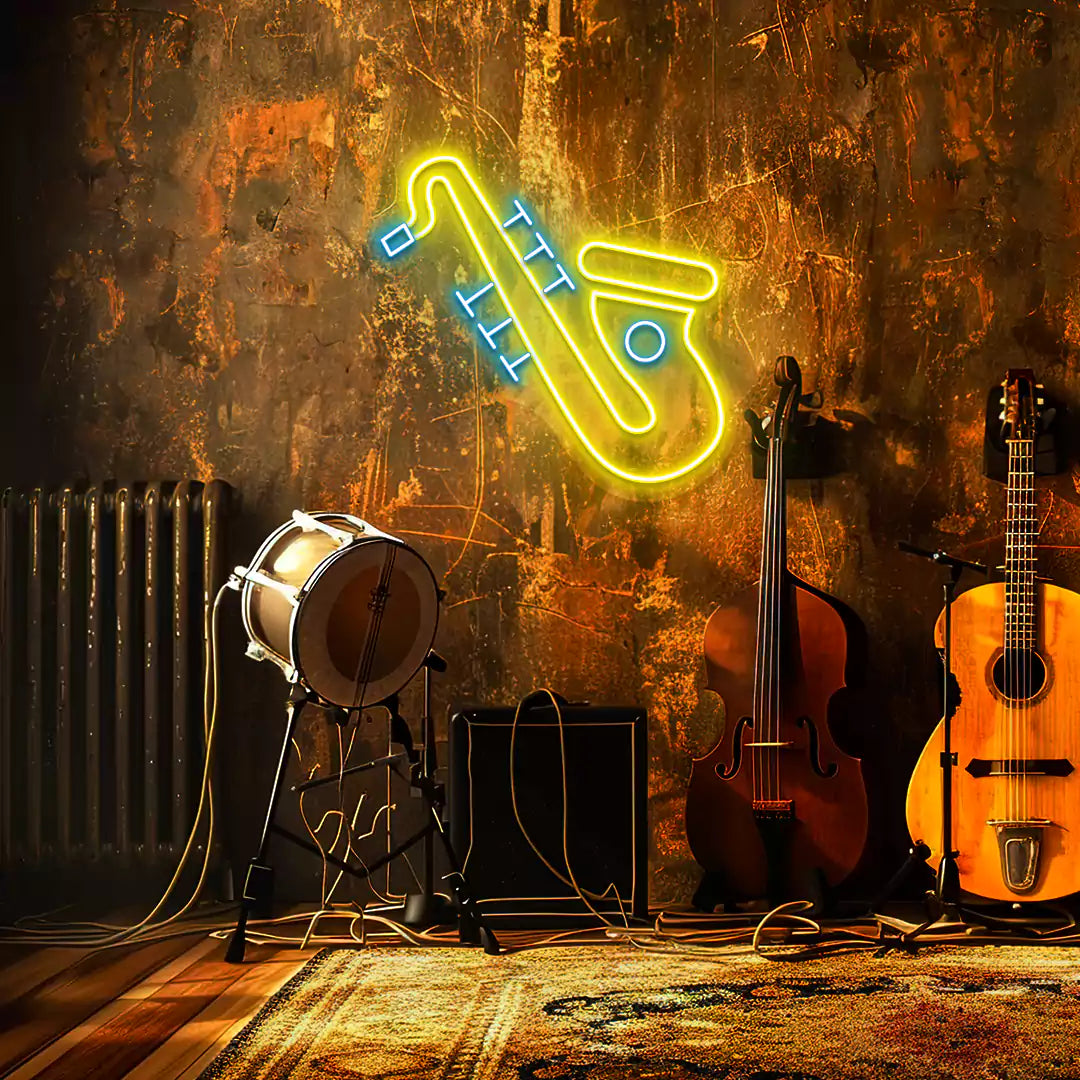 Jazz Saxophone Neon Sign in Yellow and ice blue colour mounted on wall 