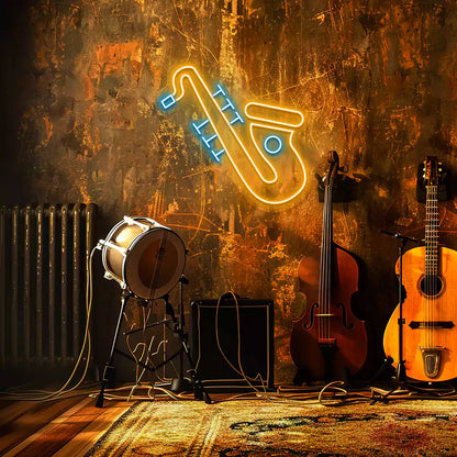 Jazz Saxophone Neon Sign in Orange and ice blue colour mounted on wall 