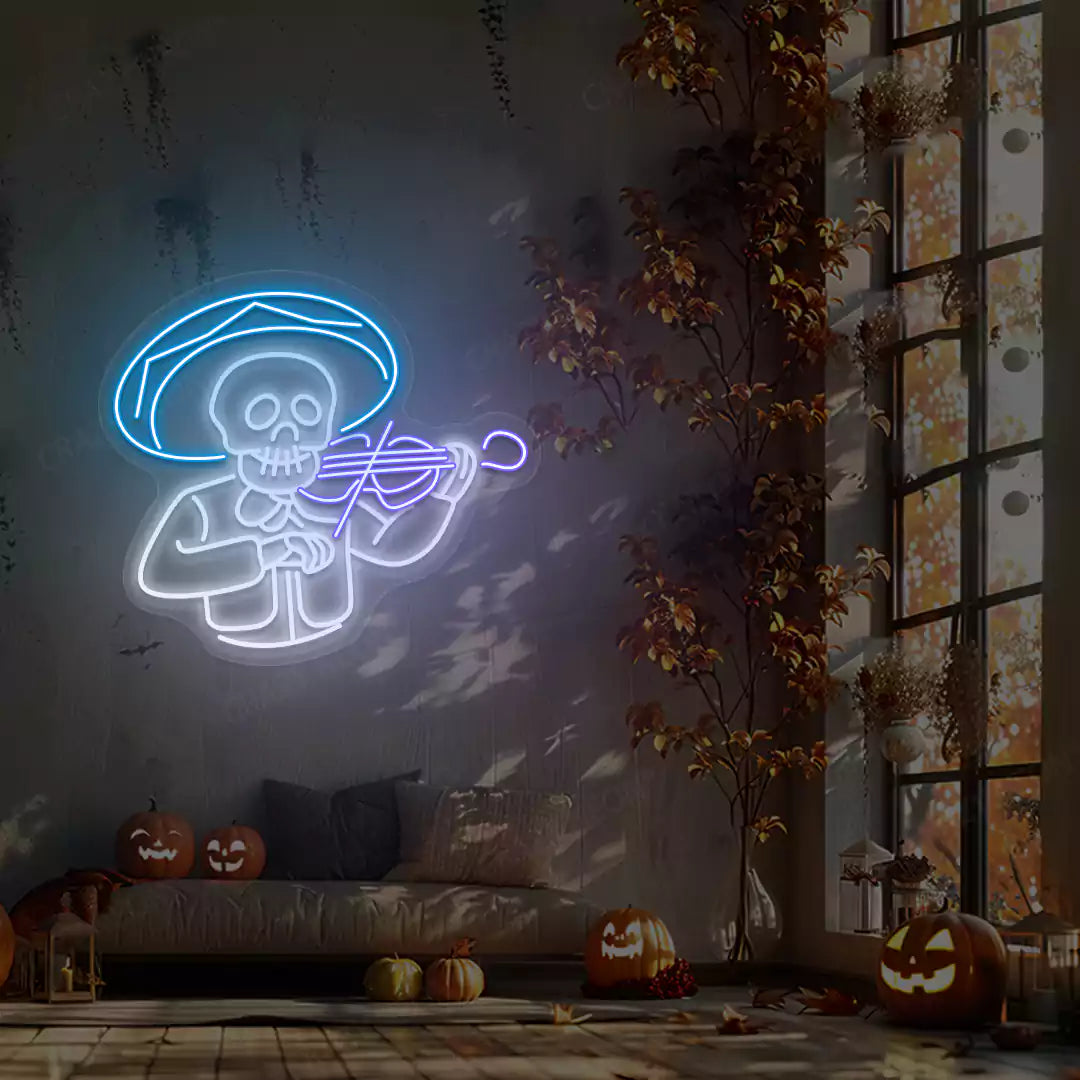 Mariachi Skeleton Neon Sign | Purple