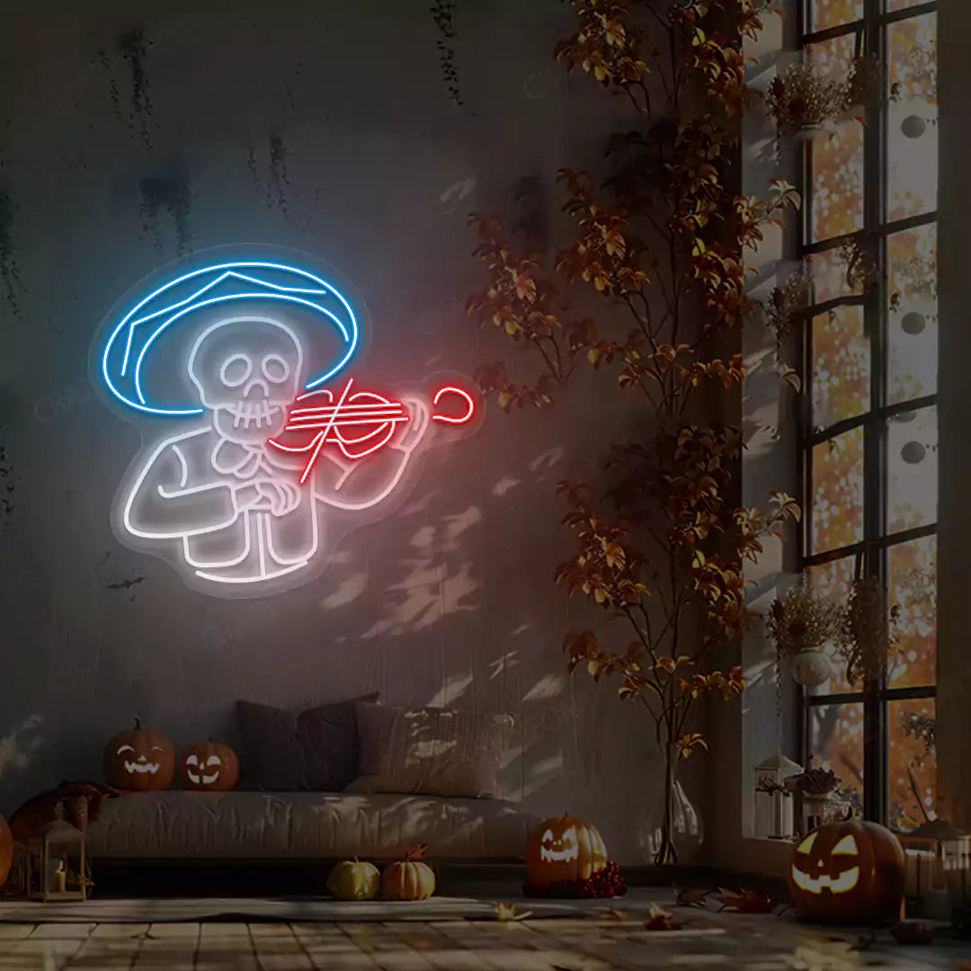 Mariachi Skeleton Neon Sign | Red