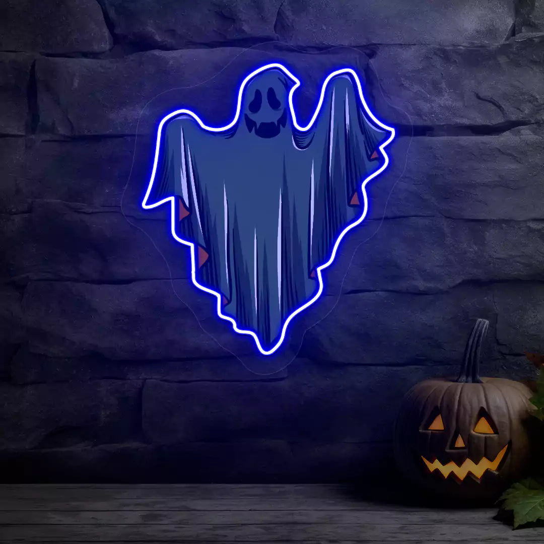 Ethereal Smiling Ghost Neon Artwork | Blue