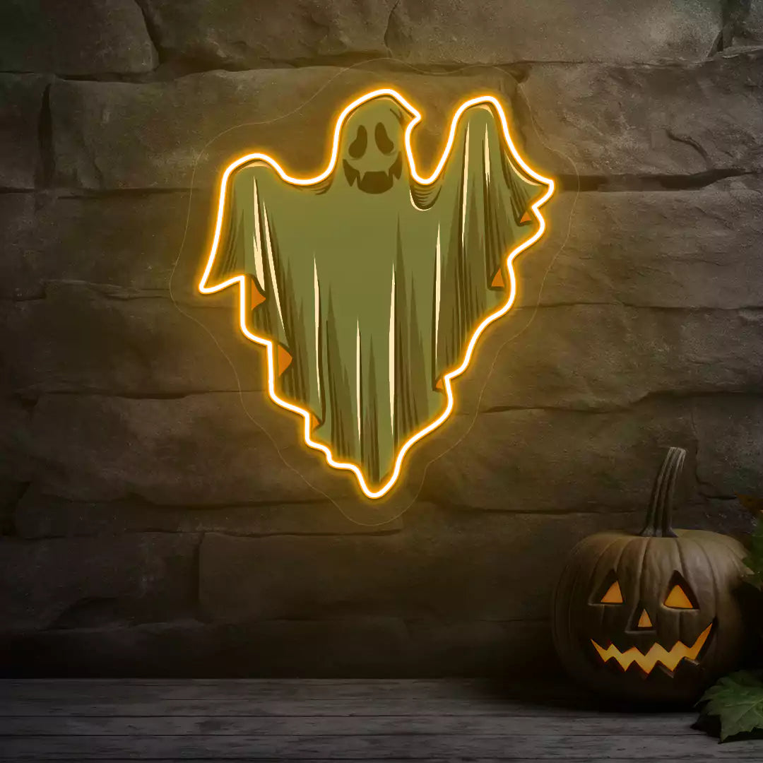 Ethereal Smiling Ghost Neon Artwork | Orange