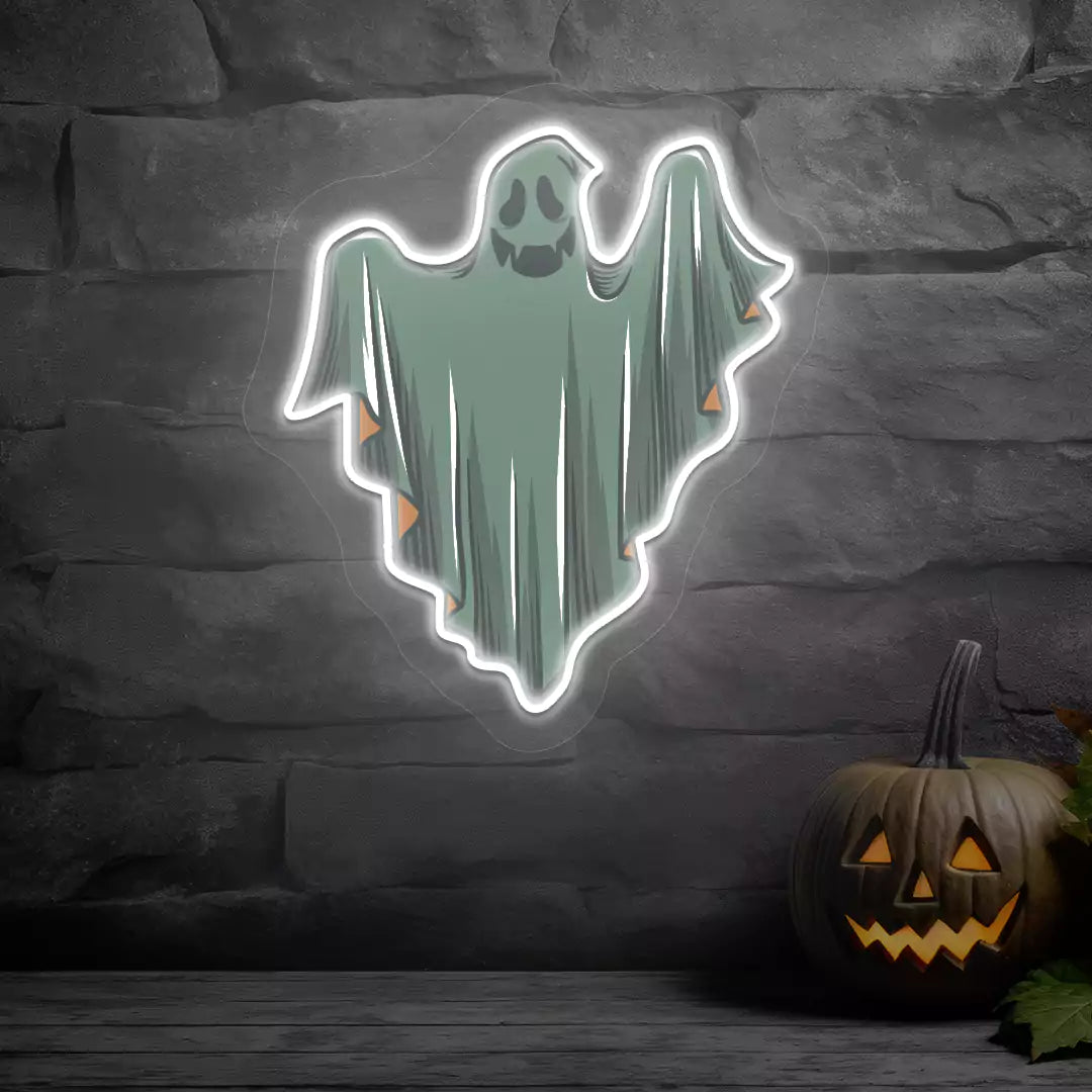 Ethereal Smiling Ghost Neon Artwork | White