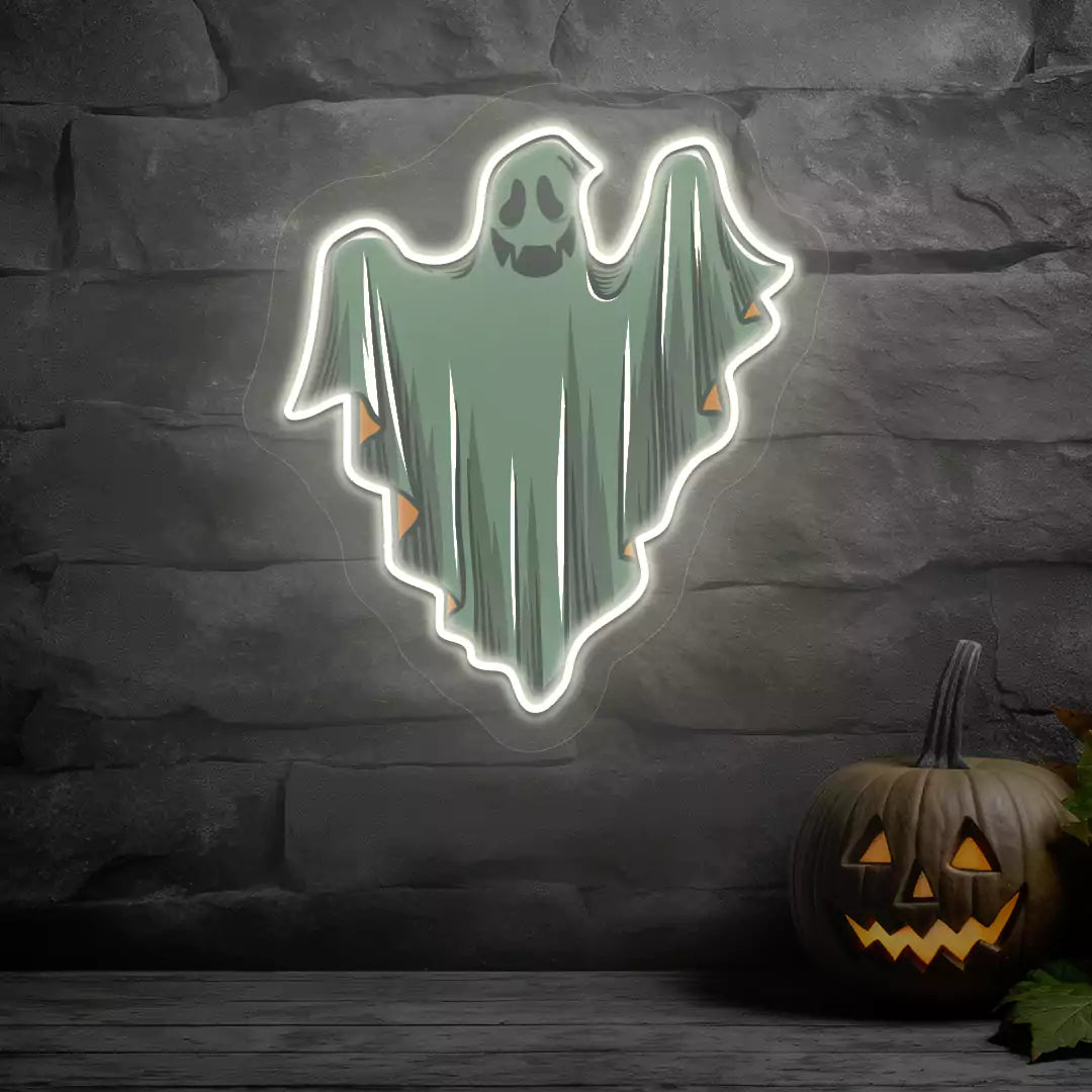 Ethereal Smiling Ghost Neon Artwork | Warmwhite