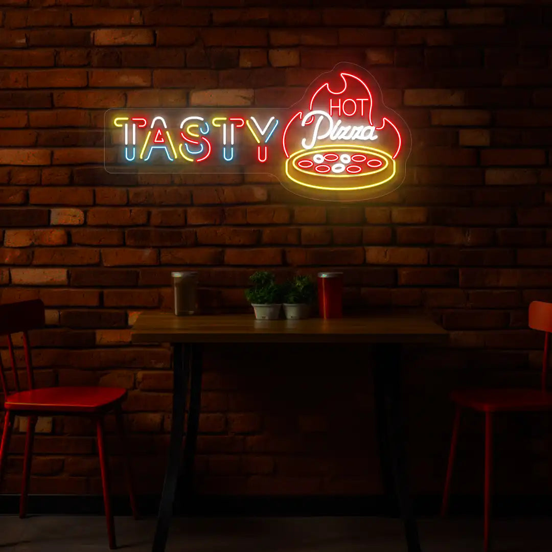 white red yellow and ice blue tasty hot pizza neon sign mounted on a wall