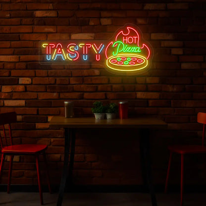 green red yellow and ice blue tasty hot pizza neon sign mounted on a wall