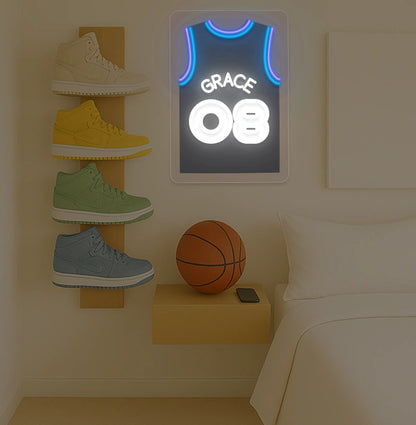 Utah basketball jersey neon sign with GRACE 08 in blue and white, bedroom sneaker rack and basketball decor