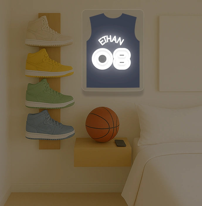 Washington basketball jersey neon sign with ETHAN 08 in white and navy, bedroom sneaker rack and basketball decor