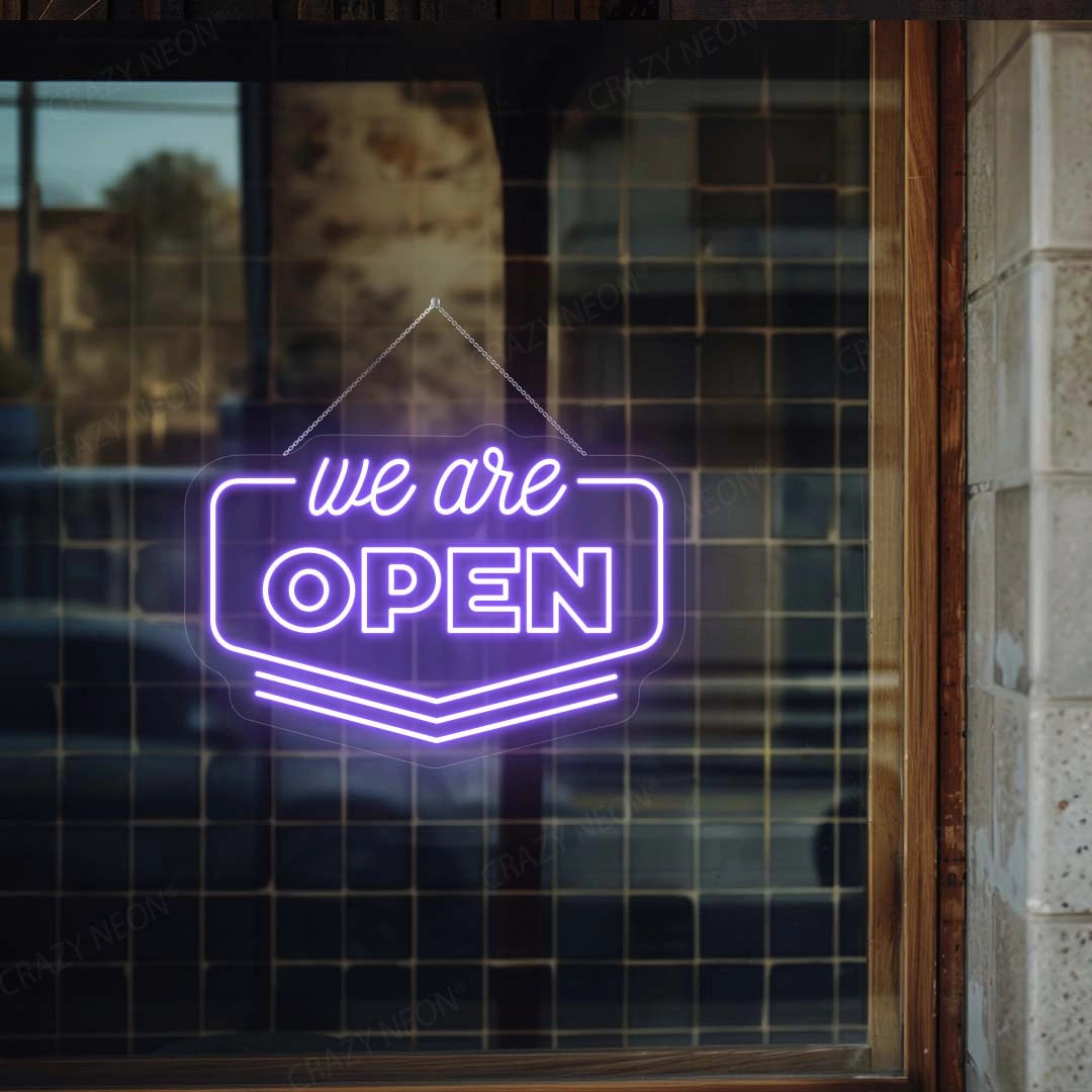 We Are Open Downward Arrow Sign | purple