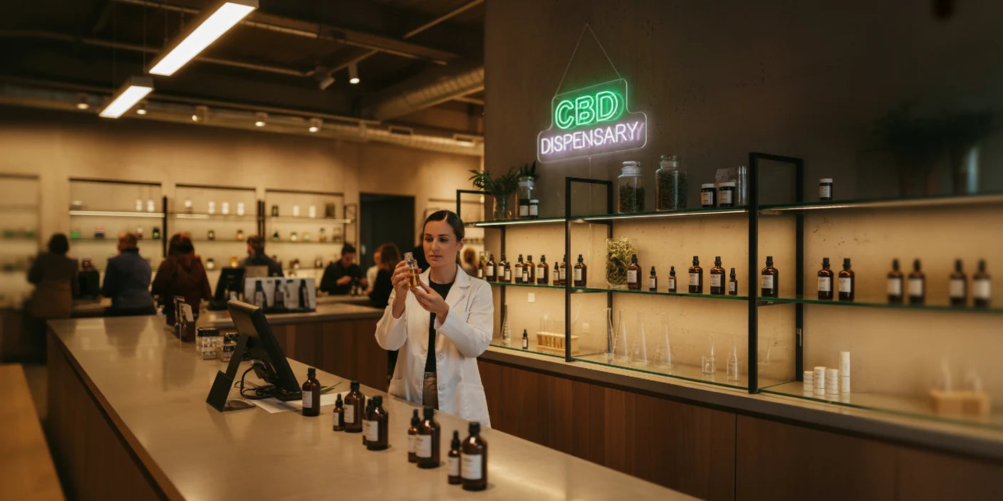 CBD Dispensary neon sign glowing above counter in modern CBD Dispensary with staff