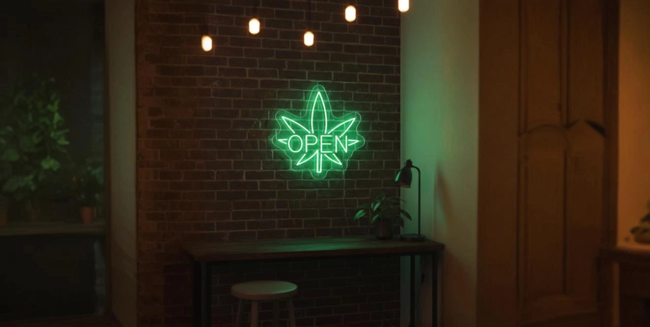 Green OPEN weed leaf neon sign glowing on exposed brick wall in modern shop interior
