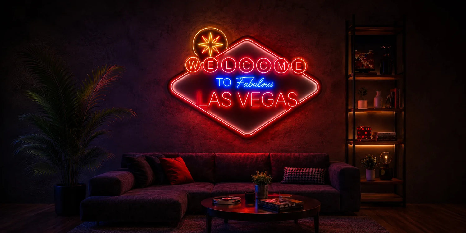 Las Vegas-themed lounge interior with neon Welcome to Fabulous Las Vegas sign velvet sectional sofa palm plant and moody ambient lighting.