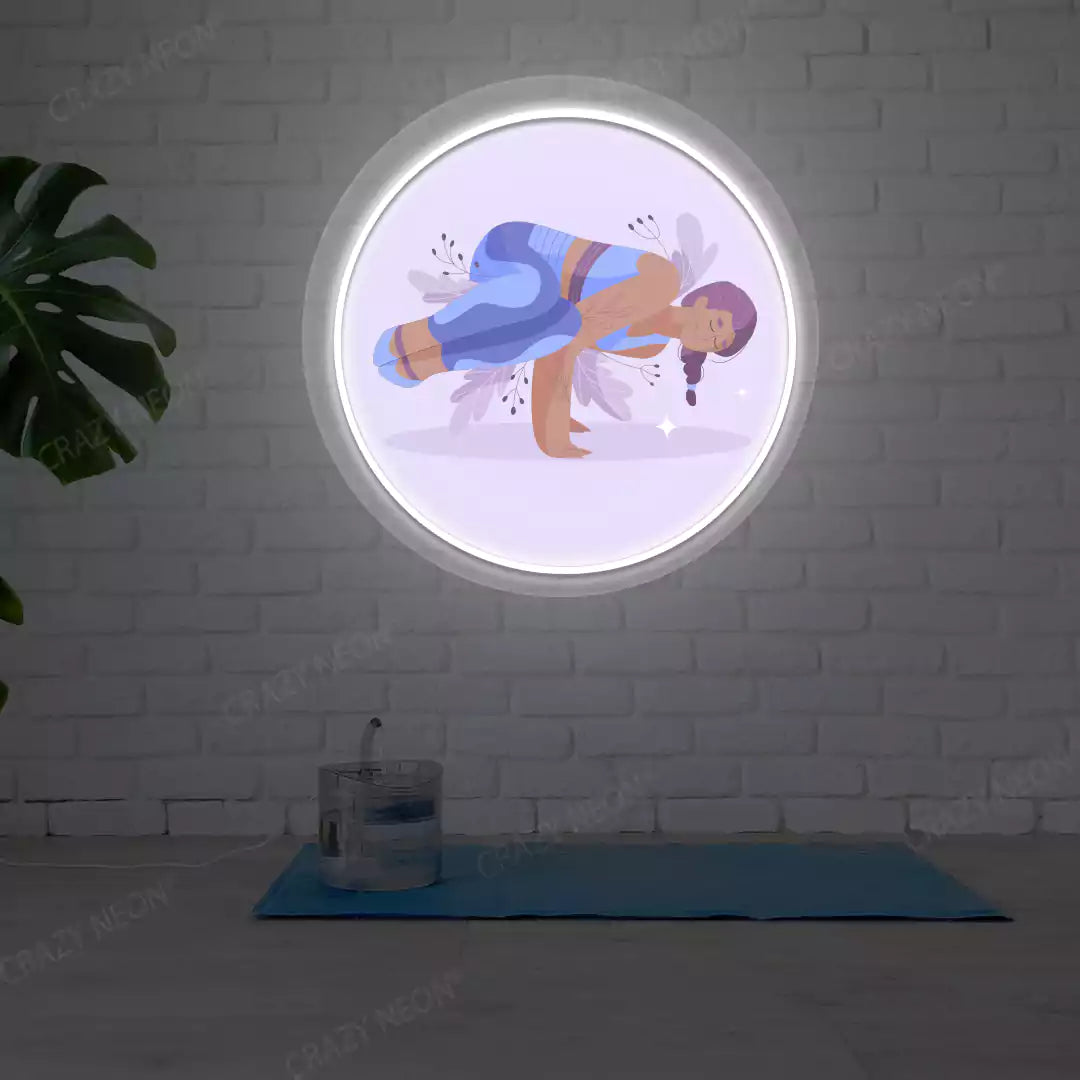 Parsva Bakasana Yoga Neon Artwork lighting up in white color in a yoga room