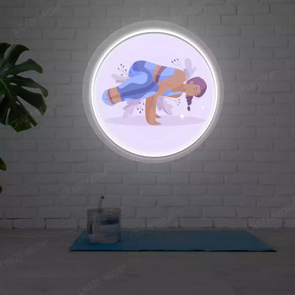 Parsva Bakasana Yoga Neon Artwork lighting up in white color in a yoga room