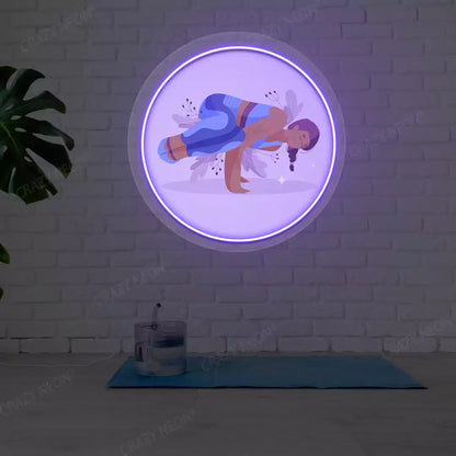 Parsva Bakasana Yoga Neon Artwork lighting up in purple color in a yoga room