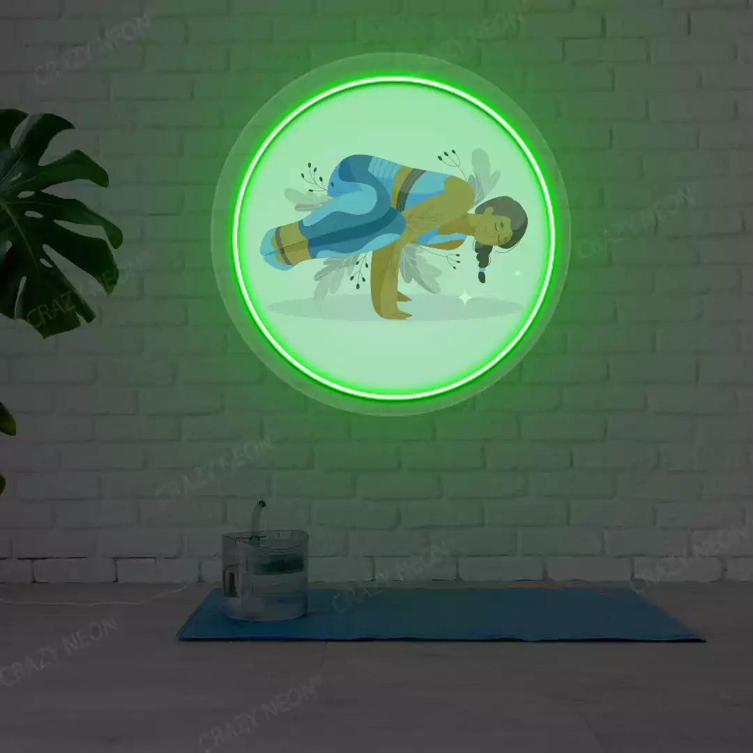 Parsva Bakasana Yoga Neon Artwork lighting up in green color in a yoga room