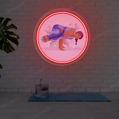 Parsva Bakasana Yoga Neon Artwork lighting up in red color in a yoga room
