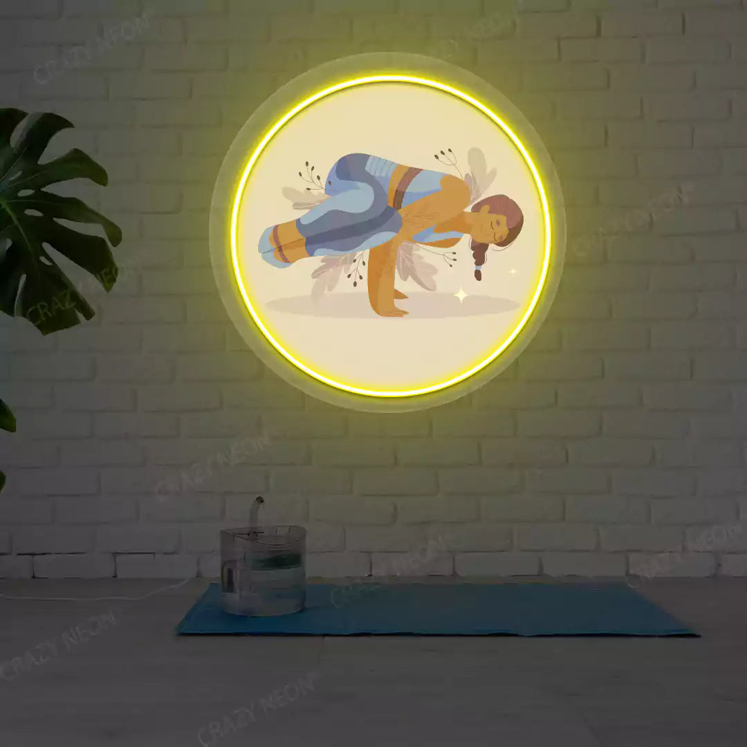Parsva Bakasana Yoga Neon Artwork lighting up in yellow color in a yoga room