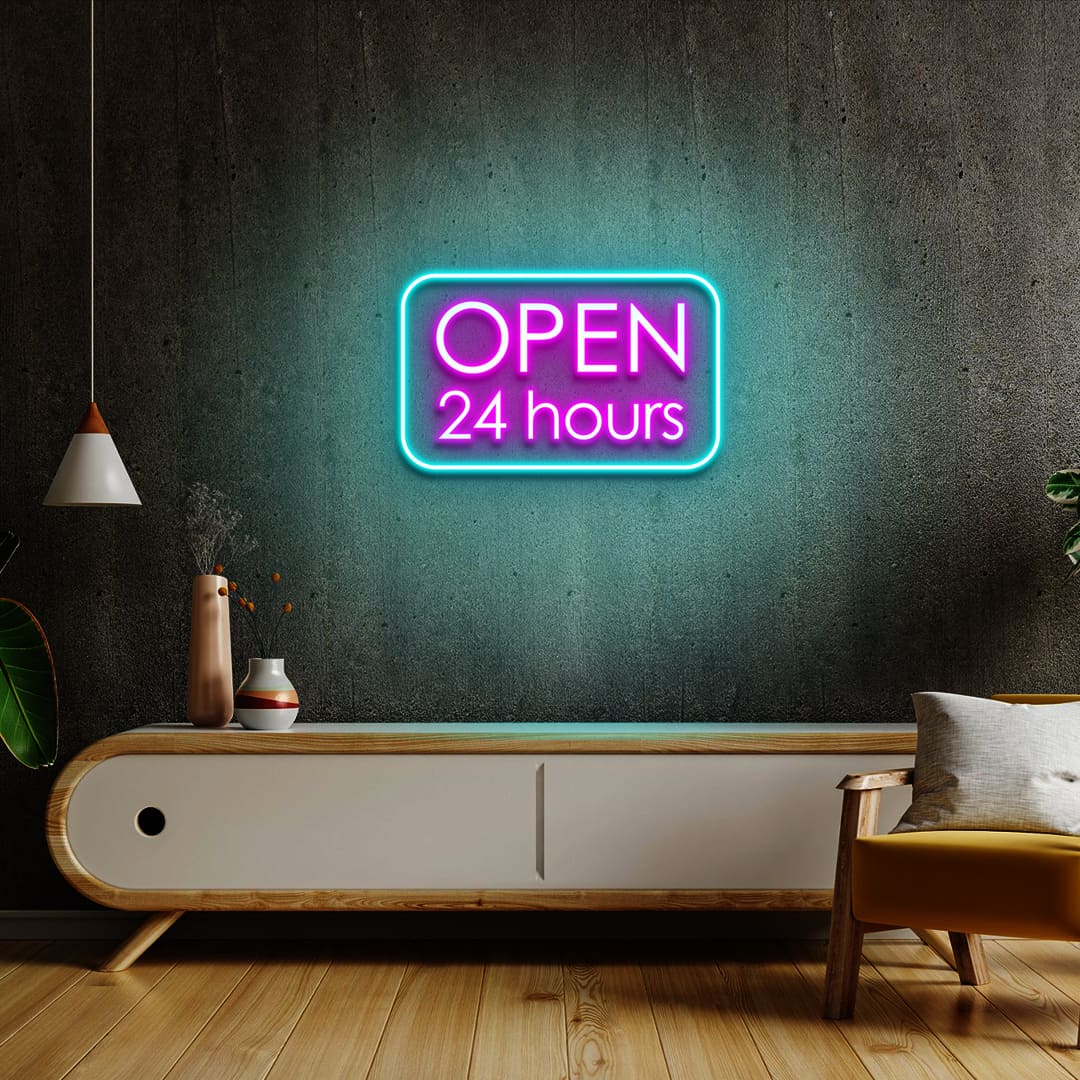 24 Hours Rectangle Open Neon Sign