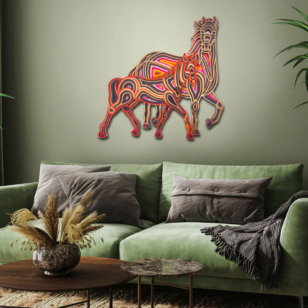 3D Horse And Foal Walking Mandala Art - CNUS000247